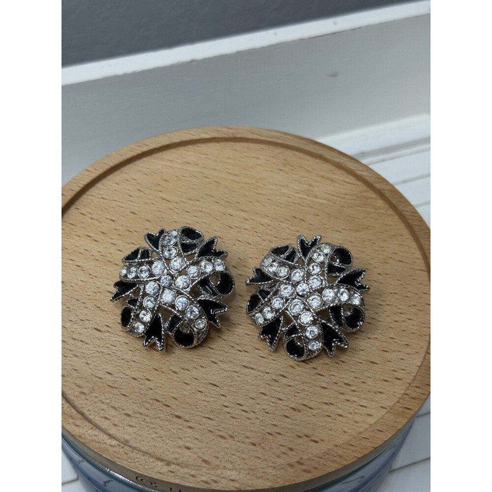 Signed St. John Clip Earrings Silver BLACK ENAMEL Crystal Rhinestones